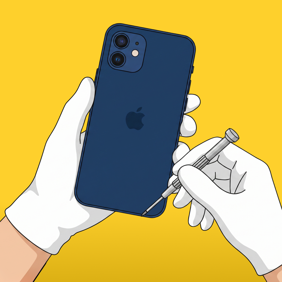 Tech Pasar inspection illustration — gloved hands inspecting a phone